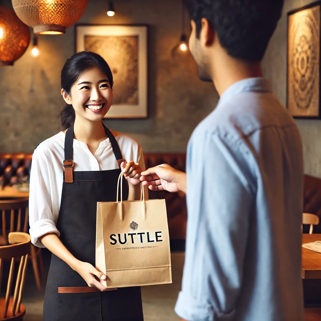 Happy restaurant worker handing over a Suttle bag